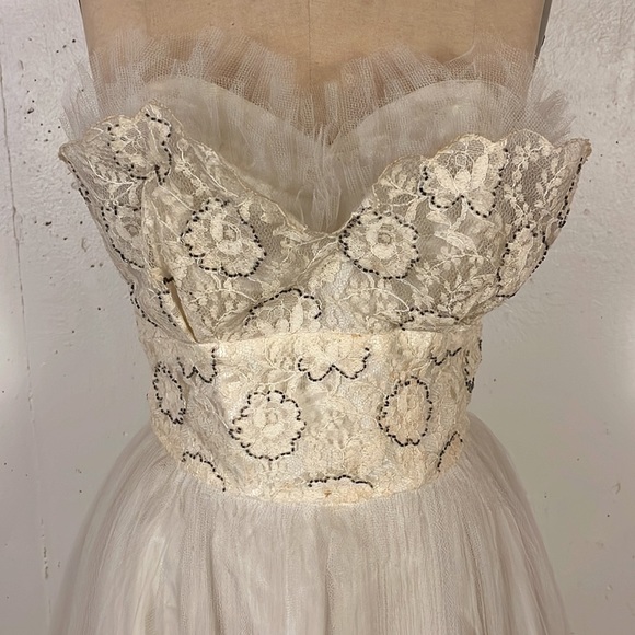 Vintage 50s Accordion Pleat Midi Dress Lace & Beaded Ruffle Medium - Picture 3 of 9